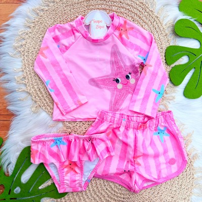 Linha Praia 3 Peças - Blusa Manga Longa Estrela do Mar, Short e Calcinha com Proteção UV50+ - Rosa